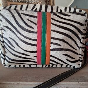 Zebra Print Horse Hair Crossbody Bag with Multicolor Stripe